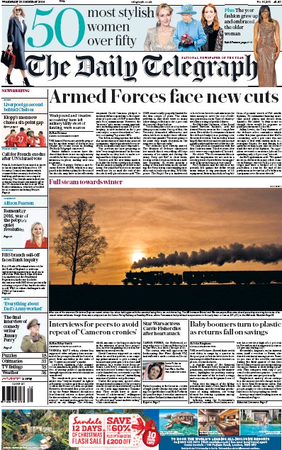 The Daily Telegraph Newspaper Front Page for 28 December 2016