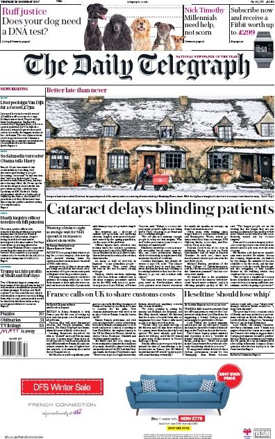 The Daily Telegraph Newspaper Front Page for 28 December 2017