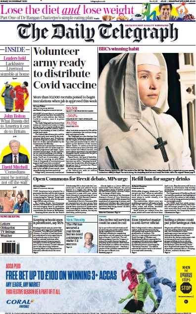 The Daily Telegraph (UK) Newspaper Front Page for 28 December 2020