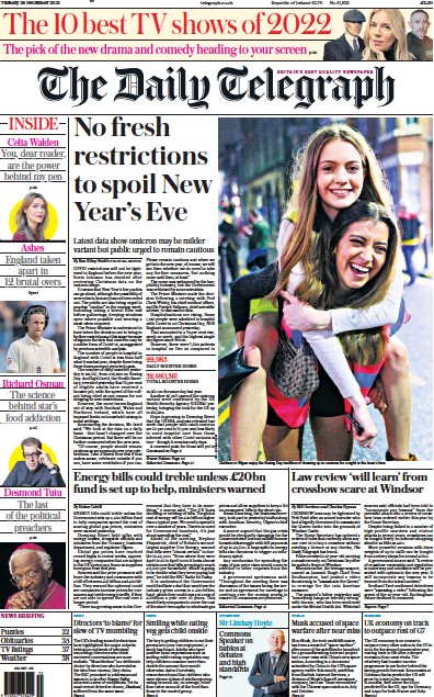 The Daily Telegraph (UK) Newspaper Front Page for 28 December 2021