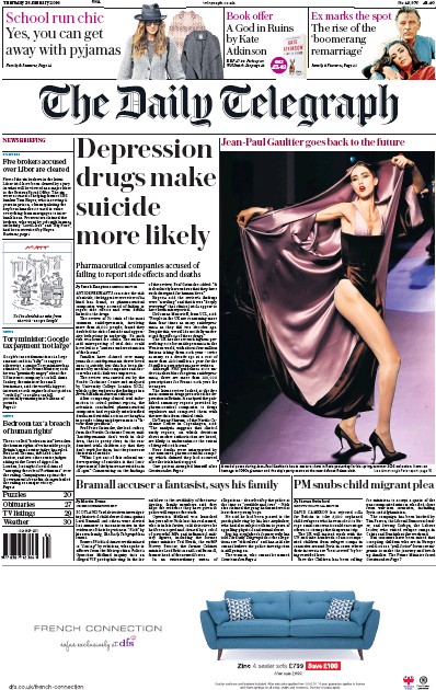 The Daily Telegraph Newspaper Front Page for 28 January 2016