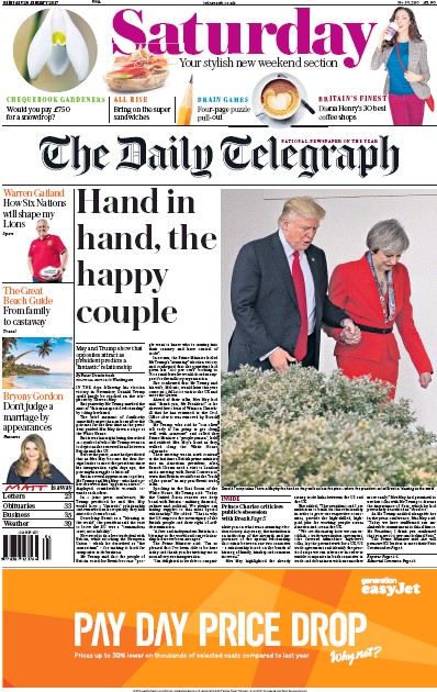The Daily Telegraph Newspaper Front Page for 28 January 2017