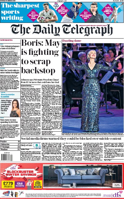 The Daily Telegraph Newspaper Front Page for 28 January 2019