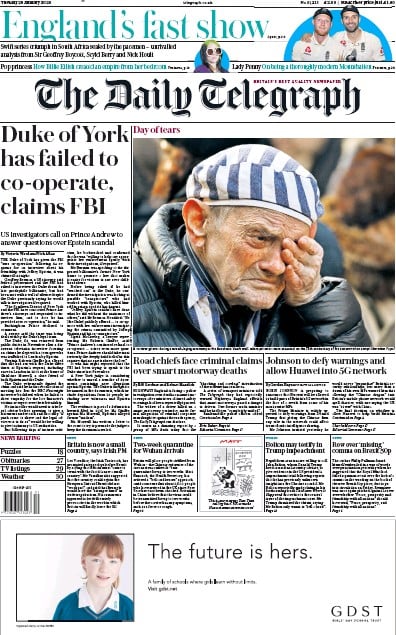 The Daily Telegraph Newspaper Front Page for 28 January 2020