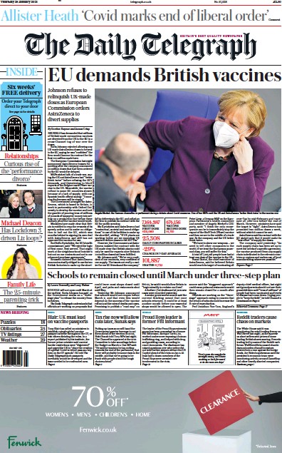 The Daily Telegraph (UK) Newspaper Front Page for 28 January 2021