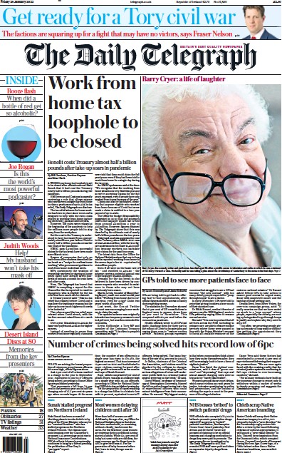 The Daily Telegraph (UK) Newspaper Front Page for 28 January 2022