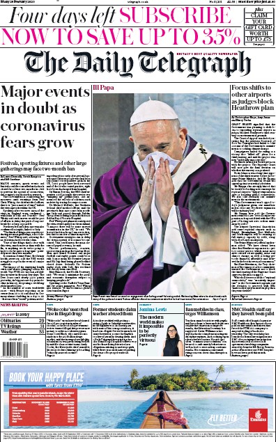 The Daily Telegraph Newspaper Front Page for 28 February 2020