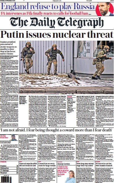 The Daily Telegraph Newspaper Front Page for 28 February 2022