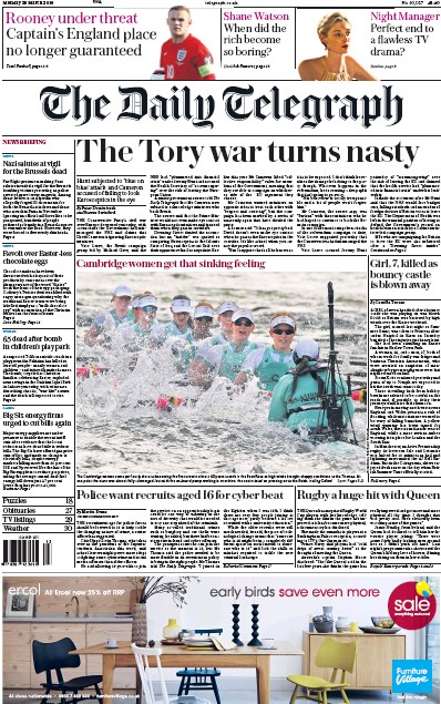 The Daily Telegraph (UK) Newspaper Front Page for 28 March 2016