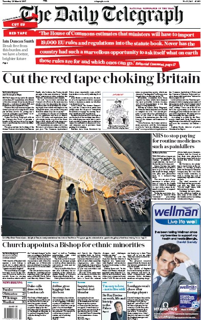 The Daily Telegraph (UK) Newspaper Front Page for 28 March 2017