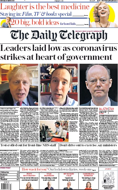 The Daily Telegraph (UK) Newspaper Front Page for 28 March 2020