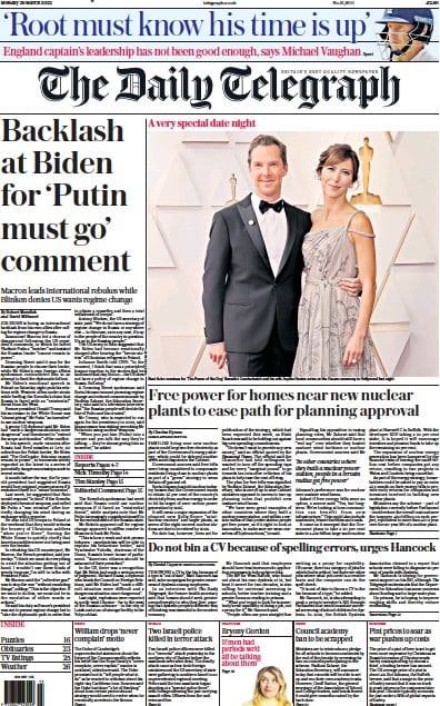The Daily Telegraph Newspaper Front Page for 28 March 2022