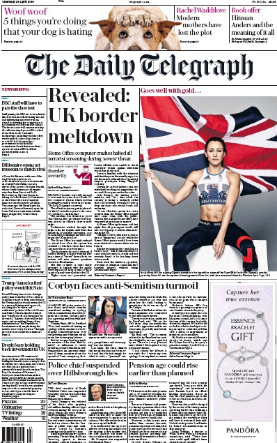 The Daily Telegraph Newspaper Front Page for 28 April 2016