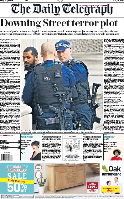 The Daily Telegraph Newspaper Front Page for 28 April 2017