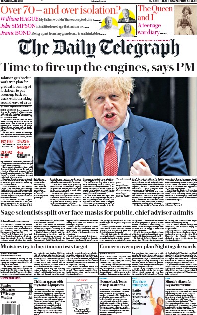 The Daily Telegraph (UK) Newspaper Front Page for 28 April 2020