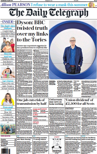 The Daily Telegraph (UK) Newspaper Front Page for 28 April 2021