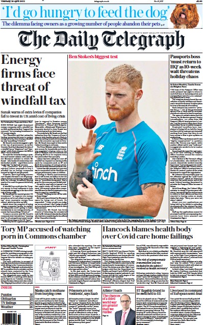 The Daily Telegraph Newspaper Front Page for 28 April 2022
