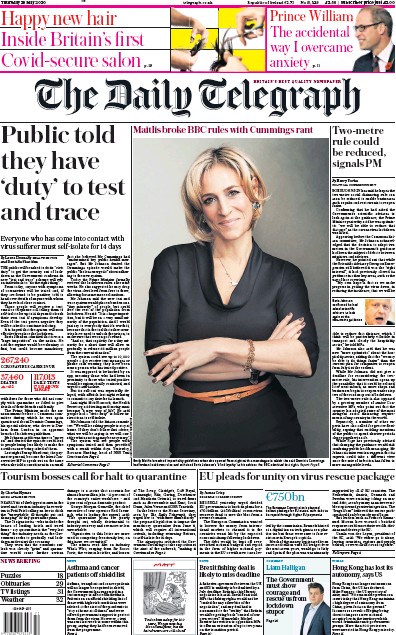 The Daily Telegraph Newspaper Front Page for 28 May 2020