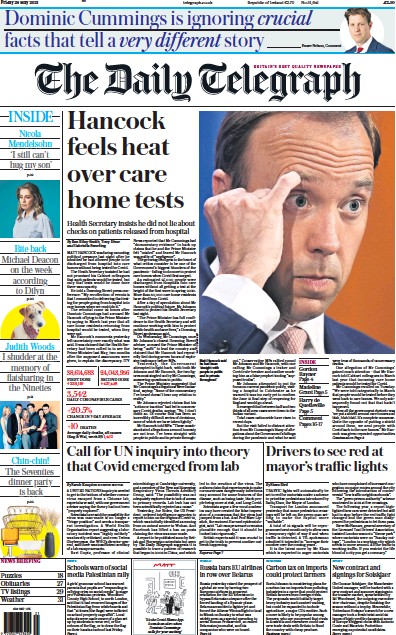 The Daily Telegraph Newspaper Front Page for 28 May 2021