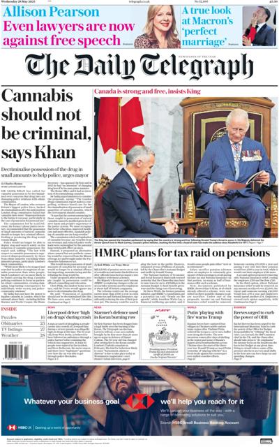 The Daily Telegraph (UK) Newspaper Front Page for 28 May 2025