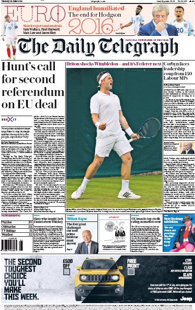 The Daily Telegraph Newspaper Front Page for 28 June 2016