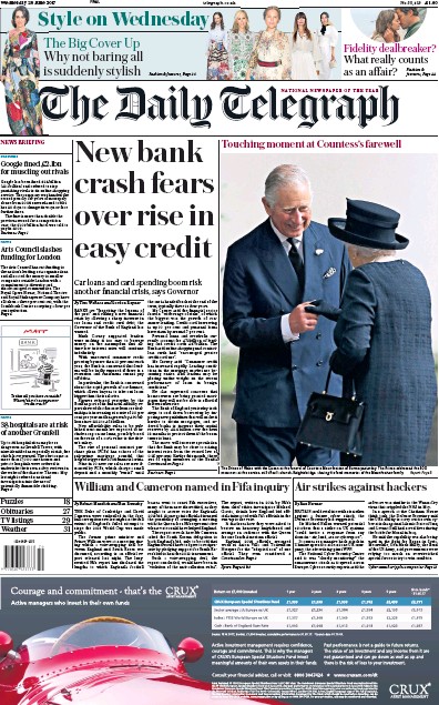 The Daily Telegraph Newspaper Front Page for 28 June 2017