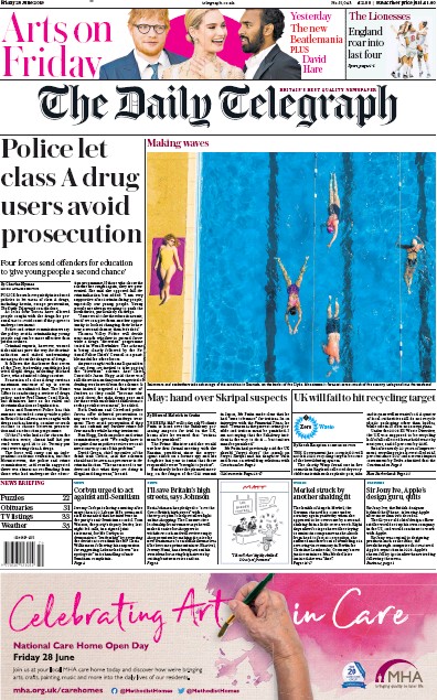 The Daily Telegraph Newspaper Front Page for 28 June 2019