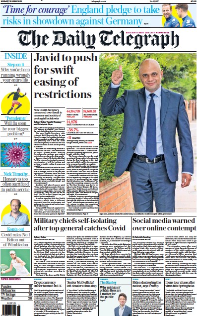 The Daily Telegraph (UK) Newspaper Front Page for 28 June 2021