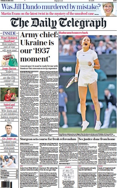 The Daily Telegraph (UK) Newspaper Front Page for 28 June 2022