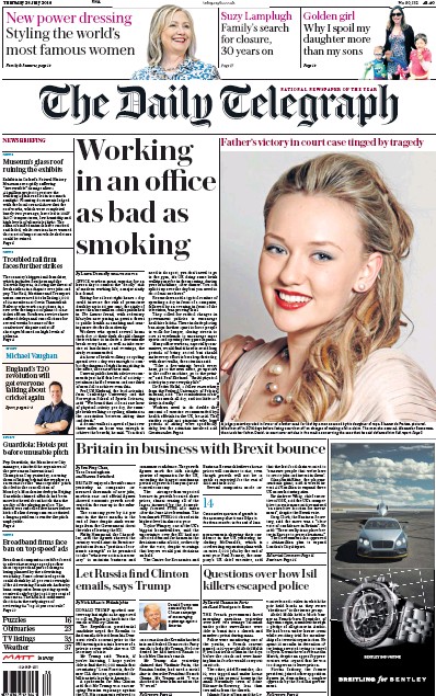 The Daily Telegraph Newspaper Front Page for 28 July 2016