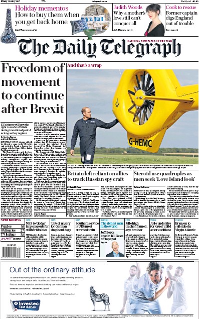 The Daily Telegraph Newspaper Front Page for 28 July 2017