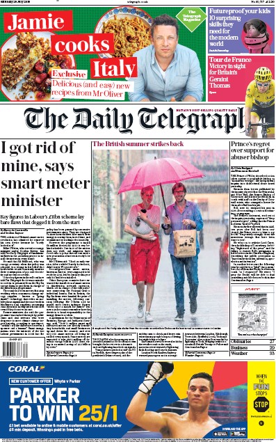 The Daily Telegraph Newspaper Front Page for 28 July 2018