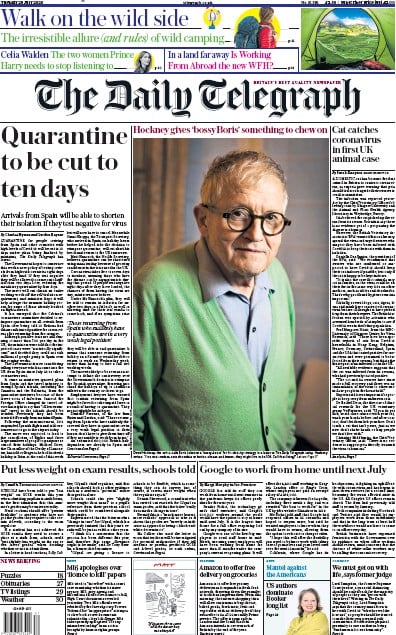The Daily Telegraph Newspaper Front Page for 28 July 2020