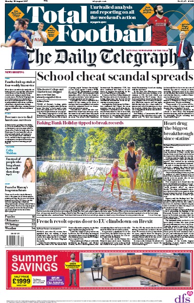 The Daily Telegraph Newspaper Front Page for 28 August 2017