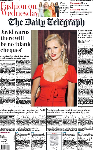 The Daily Telegraph Newspaper Front Page for 28 August 2019