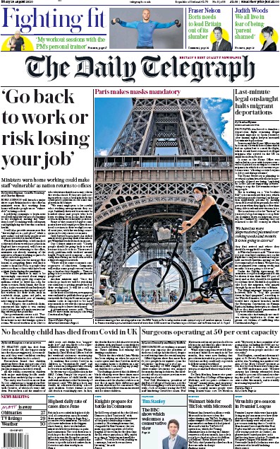 The Daily Telegraph (UK) Newspaper Front Page for 28 August 2020