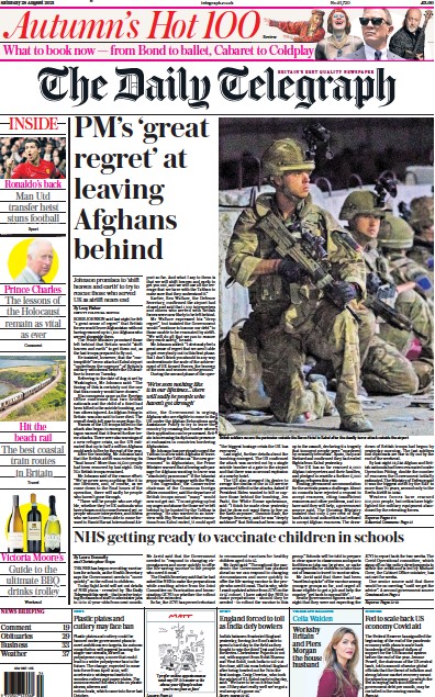 The Daily Telegraph (UK) Newspaper Front Page for 28 August 2021