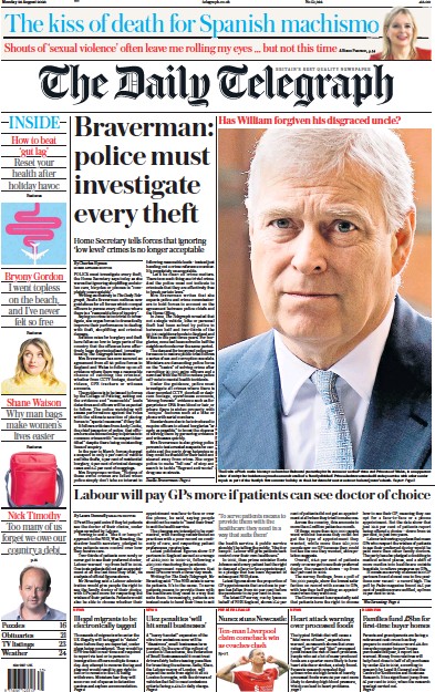 The Daily Telegraph (UK) Newspaper Front Page for 28 August 2023