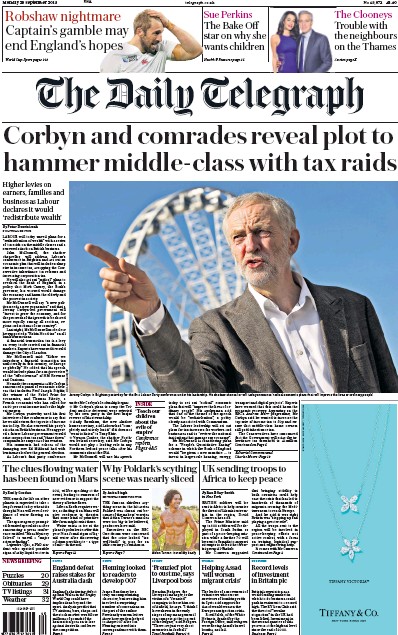 The Daily Telegraph (UK) Newspaper Front Page for 28 September 2015