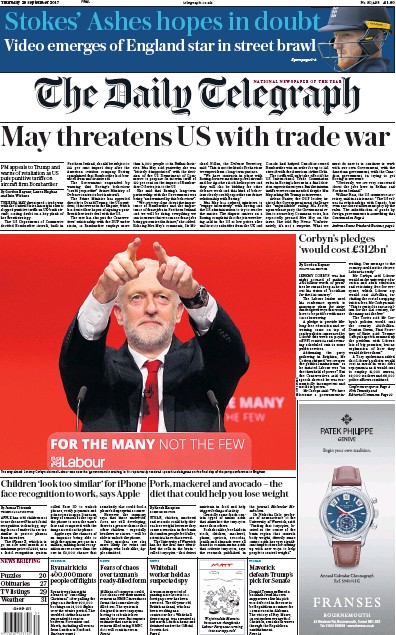 The Daily Telegraph Newspaper Front Page for 28 September 2017
