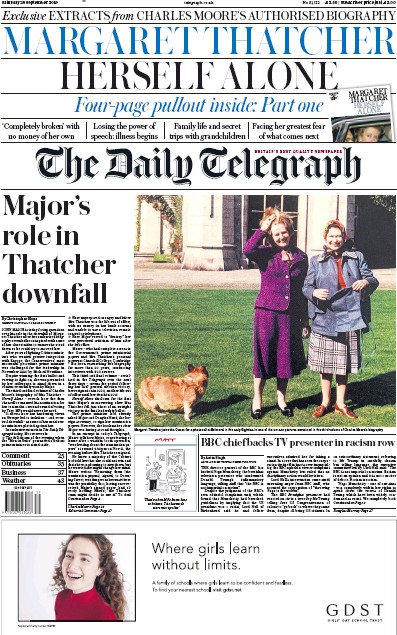 The Daily Telegraph Newspaper Front Page for 28 September 2019