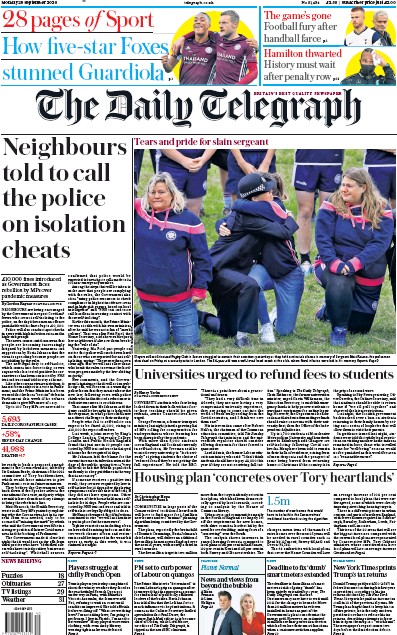 The Daily Telegraph Newspaper Front Page for 28 September 2020