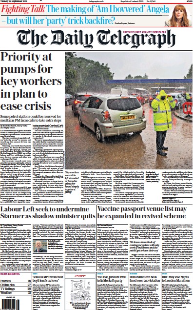 The Daily Telegraph (UK) Newspaper Front Page for 28 September 2021