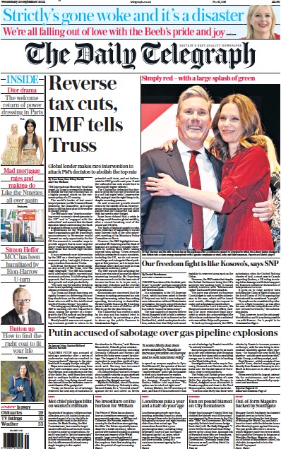 The Daily Telegraph (UK) Newspaper Front Page for 28 September 2022