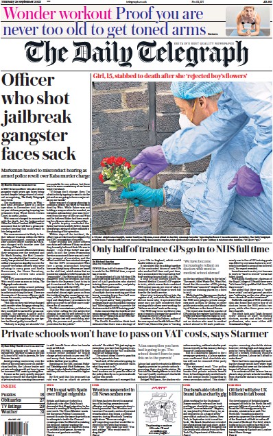 The Daily Telegraph Newspaper Front Page for 28 September 2023