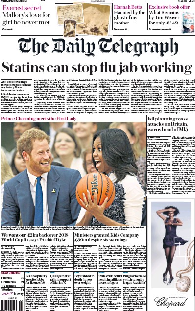 The Daily Telegraph Newspaper Front Page for 29 October 2015