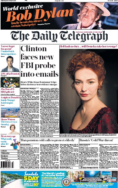 The Daily Telegraph (UK) Newspaper Front Page for 29 October 2016