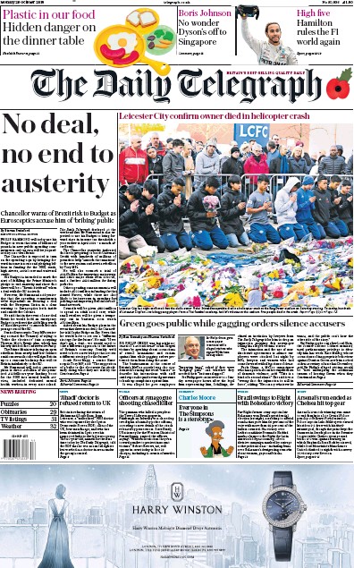The Daily Telegraph Newspaper Front Page for 29 October 2018
