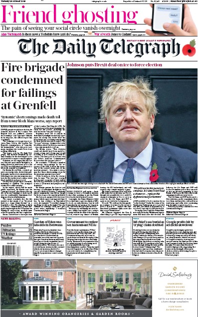 The Daily Telegraph Newspaper Front Page for 29 October 2019