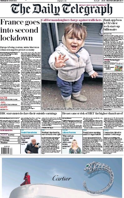 The Daily Telegraph Newspaper Front Page for 29 October 2020